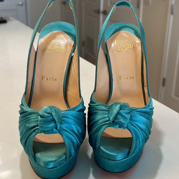 Christian Louboutin Turquoise Peep Toe Knot Slingback Heel - Picture 1 of 4